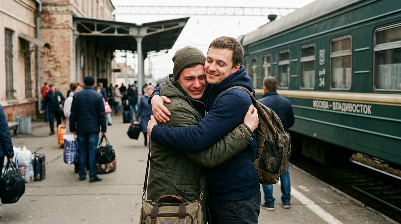Друзья встречаются на вокзале после долгой дороги